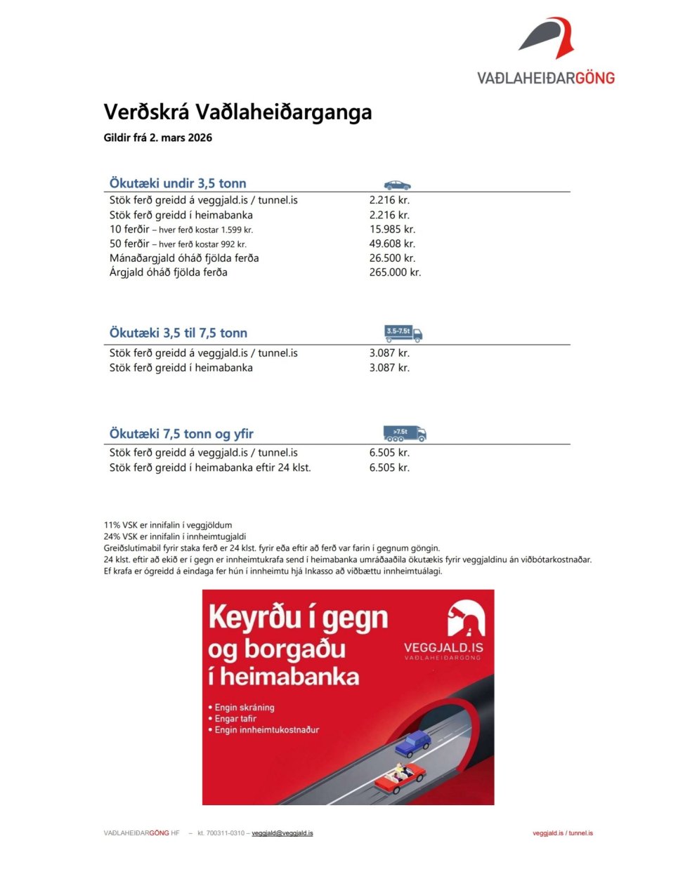 Ný verðskrá tekur gildi 2. mars 2026