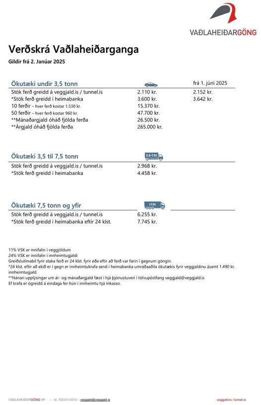 Ný verðskrá tekur gildi 2. janúar 2025