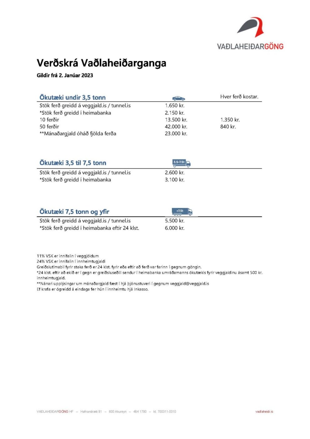Tilkynning frá Vaðlaheiðargöngum – Verðhækkun 2. janúar 2023