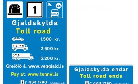 Upplýsingaskilti og verðskrá fyrir utan göngin eftir 1. júní 2020.